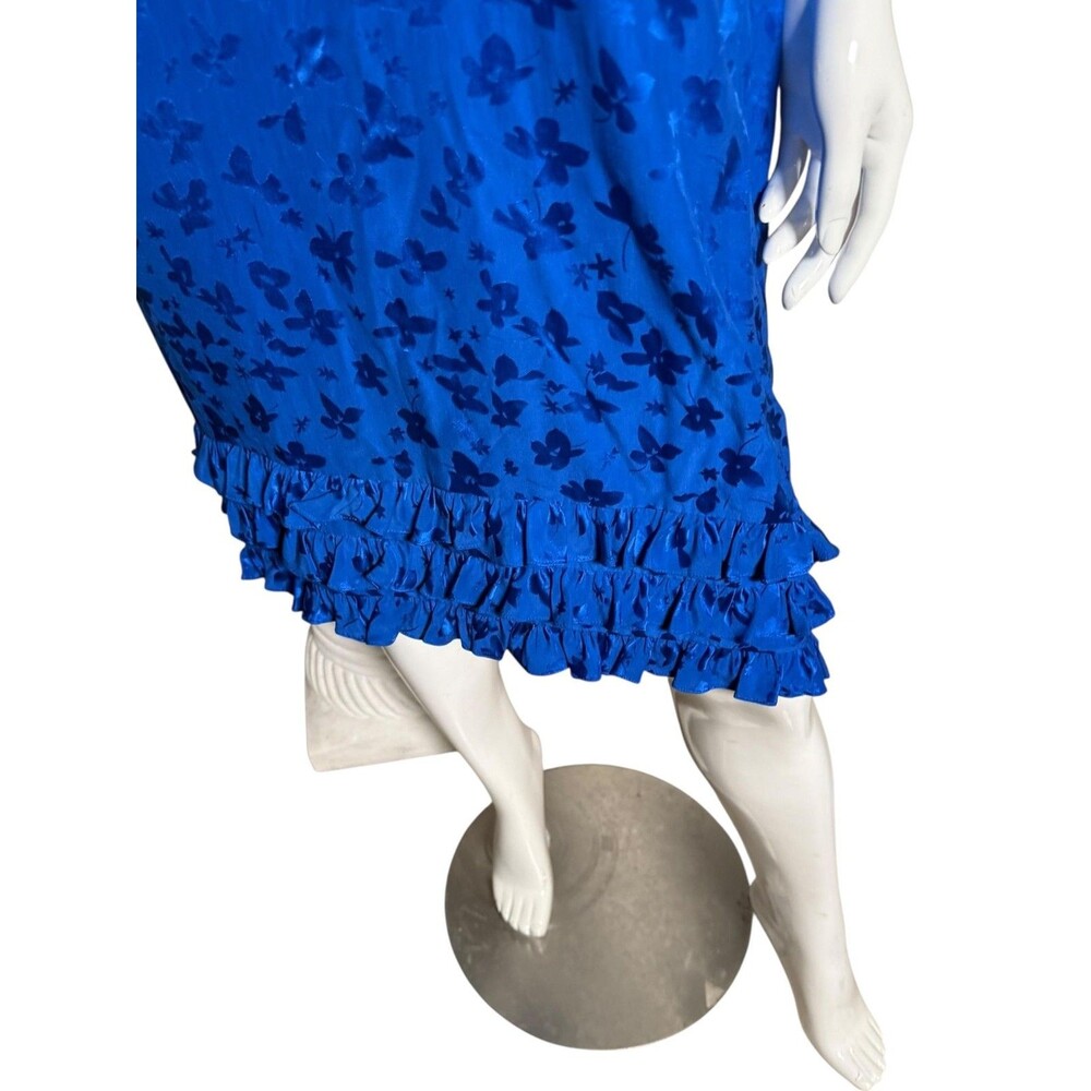Vintage 80s Maggy London silk Dress Womens 8 Blue Jaquard Puff Sleeve Ruffle - Picture 5 of 6